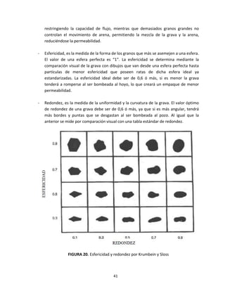 41
restringiendo la capacidad de flujo, mientras que demasiados granos grandes no
controlan el movimiento de arena, permitiendo la mezcla de la grava y la arena,
reduciéndose la permeabilidad.
- Esfericidad, es la medida de la forma de los granos que más se asemejen a una esfera.
El valor de una esfera perfecta es “1”. La esfericidad se determina mediante la
comparación visual de la grava con dibujos que van desde una esfera perfecta hasta
partículas de menor esfericidad que poseen ratas de dicha esfera ideal ya
estandarizadas. La esfericidad ideal debe ser de 0,6 ó más, si es menor la grava
tenderá a romperse al ser bombeada al hoyo, lo que creará un empaque de menor
permeabilidad.
- Redondez, es la medida de la uniformidad y la curvatura de la grava. El valor óptimo
de redondez de una grava debe ser de 0,6 ó más, ya que si es más angular, tendrá
más bordes y puntas que se desgastan al ser bombeada al pozo. Al igual que la
anterior se mide por comparación visual con una tabla estándar de redondez.
FIGURA 20. Esfericidad y redondez por Krumbein y Sloss
 