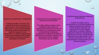 Causas y frecuencia de excepciones
Cuando el auditor se forma una
conclusión de que el proceso de
confirmación y los procedimientos
alternativos no han proporcionado
suficiente evidencia apropiada de
auditoría respecto a una
aseveración, el auditor deberá llevar
a cabo procedimientos adicionales
para obtener suficiente evidencia
apropiada de auditoría.
Evaluación de los resultados del
proceso de confirmación
El auditor deberá evaluar si los
resultados del proceso de
confirmación externa junto con los
resultados de cualesquiera otros
procedimientos realizados,
proporcionan suficiente evidencia
apropiada de auditoría respecto a la
aseveración de los estados
financieros que se auditan.
Confirmaciones externas antes del
final del año
Cuando el auditor usa la
confirmación en una fecha anterior al
balance general para obtener
evidencia para soportar una
aseveración de los estados
financieros, el auditor obtiene
suficiente evidencia apropiada de
auditoría de que las transacciones
relevantes a la aseveración en el
período intermedio no han sido
representadas erróneamente en una
forma importante.
 