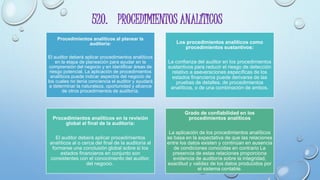 520. PROCEDIMIENTOS ANALÍTICOS
Procedimientos analíticos al planear la
auditoría:
El auditor deberá aplicar procedimientos analíticos
en la etapa de planeación para ayudar en la
comprensión del negocio y en identificar áreas de
riesgo potencial. La aplicación de procedimientos
analíticos puede indicar aspectos del negocio de
los cuales no tenía conciencia el auditor y ayudará
a determinar la naturaleza, oportunidad y alcance
de otros procedimientos de auditoría.
Los procedimientos analíticos como
procedimientos sustantivos:
La confianza del auditor en los procedimientos
sustantivos para reducir el riesgo de detección
relativo a aseveraciones específicas de los
estados financieros puede derivarse de las
pruebas de detalles, de procedimientos
analíticos, o de una combinación de ambos.
Procedimientos analíticos en la revisión
global al final de la auditoría:
El auditor deberá aplicar procedimientos
analíticos al o cerca del final de la auditoría al
formarse una conclusión global sobre si los
estados financieros en conjunto son
consistentes con el conocimiento del auditor,
del negocio.
Grado de confiabilidad en los
procedimientos analíticos
La aplicación de los procedimientos analíticos
se basa en la expectativa de que las relaciones
entre los datos existen y continúan en ausencia
de condiciones conocidas en contrario La
presencia de estas relaciones proporciona
evidencia de auditoría sobre la integridad,
exactitud y validez de los datos producidos por
el sistema contable.
 