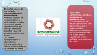 Elementos básicos de
una carta de
representación de la
administración:
Al solicitar una carta de
representación de la
administración, el auditor
deberá pedir que sea
dirigida al auditor, que
contenga información
específica y que esté
apropiadamente fechada y
firmada.
Una carta de
representación de la
administración
ordinariamente estaría
fechada en la misma fecha
del dictamen del auditor.
Acción si la
administración se rehúsa
a proporcionar
representaciones
Si la administración se
rehúsa a proporcionar una
representación que el
auditor considera
necesaria, esto constituye
una limitación del alcance
y el auditor deberá
expresar una opinión
calificada o una abstención
de opinión.
 