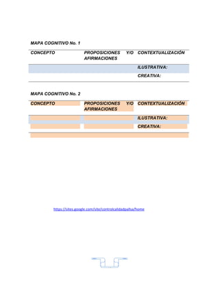 MAPA COGNITIVO No. 1

CONCEPTO                   PROPOSICIONES            Y/O CONTEXTUALIZACIÓN
                           AFIRMACIONES

                                                           ILUSTRATIVA:
                                                           CREATIVA:



MAPA COGNITIVO No. 2

CONCEPTO                   PROPOSICIONES            Y/O CONTEXTUALIZACIÓN
                           AFIRMACIONES

                                                           ILUSTRATIVA:
                                                           CREATIVA:




         https://sites.google.com/site/controlcalidadpallsa/home




                                         15
 