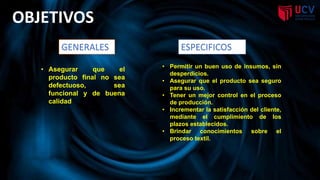 OBJETIVOS
• Permitir un buen uso de insumos, sin
desperdicios.
• Asegurar que el producto sea seguro
para su uso.
• Tener un mejor control en el proceso
de producción.
• Incrementar la satisfacción del cliente,
mediante el cumplimiento de los
plazos establecidos.
• Brindar conocimientos sobre el
proceso textil.
• Asegurar que el
producto final no sea
defectuoso, sea
funcional y de buena
calidad
GENERALES ESPECIFICOS
 