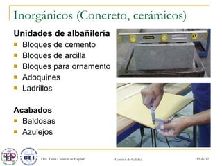 Inorgánicos (Concreto, cerámicos) Unidades de albañilería Bloques de cemento Bloques de arcilla Bloques para ornamento Adoquines Ladrillos Acabados Baldosas Azulejos 