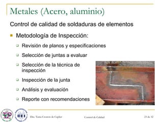 Metales (Acero, aluminio) Control de calidad de soldaduras de elementos Metodología de Inspección: Revisión de planos y especificaciones Selección de juntas a evaluar Selección de la técnica de    inspección Inspección de la junta Análisis y evaluación Reporte con recomendaciones 