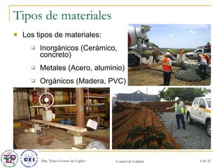 Tipos de materiales Los tipos de materiales: Inorgánicos (Cerámico, concreto) Metales (Acero, aluminio) Orgánicos (Madera, PVC) 