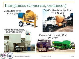 Inorgánicos (Concreto, cerámicos) Mezcladora (0,40 m 3  =  ½ yd 3 ) Camión Mezclador (3 a 9 m 3  =  4 a 12 yd 3 ) Planta móvil o portátil,  57 m 3   ( 75 yd 3 )/hr Planta de producción,  65 m 3   ( 85 yd 3 )/hr 