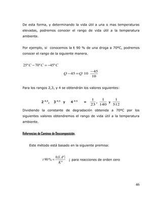De esta forma, y determinando la vida útil a una o mas temperaturas
elevadas, podremos conocer el rango de vida útil a la temperatura
ambiente.
Por ejemplo, si conocemos la t 90 % de una droga a 70ºC, podremos
conocer el rango de la siguiente manera.
CCC º45º70º25 −=−
10
45
1045
−
=− QQ
Para los rangos 2,3, y 4 se obtendrán los valores siguientes:
2-4,5
, 3-4,5
y 4-4.5
=
23
1
,
140
1
y
512
1
Dividiendo la constante de degradación obtenida a 70ºC por los
siguientes valores obtendremos el rango de vida útil a la temperatura
ambiente.
Referencias de Caminos de Descomposición.
Este método está basado en la siguiente premisa:
( )
º
º1,0
%90
K
A
t = ; para reacciones de orden cero
46
 