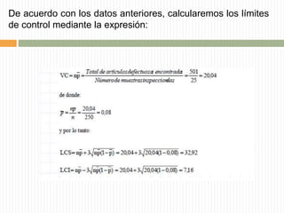 De acuerdo con los datos anteriores, calcularemos los límites
de control mediante la expresión:
 