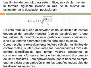Los límites de control, para este gráfico, se calculan según
la fórmula siguiente (siendo la raíz de la misma un
estimador de la desviación poblacional):
En esta fórmula puede observarse como los límites de control
dependen del tamaño muestral (que es variable), por lo que
los valores de control de este gráfico no serán constantes,
sino que tendrán diferentes valores para cada muestra.
Como resultaría excesivamente tedioso calcular los límites de
control reales, suelen calcularse los denominados límites de
control simplificados, que toman valores constantes al
considerar en la fórmula anterior el tamaño muestral promedio
de las N muestras. Esta aproximación, podrá hacerse siempre
que no exista gran variación entre los tamaños muestrales de
las diferentes muestras.
 