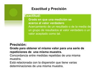 Exactitud y Precisión
Exactitud:
Grado en que una medición se
acerca al valor verdadero
Acercamiento de un resultado o de la media de
un grupo de resultados al valor verdadero o un
valor aceptado como tal.
Precisión:
Grado para obtener el mismo valor para una serie de
repeticiones de una misma muestra.
Concordancia entre medidas repetidas de una misma
muestra.
Está relacionada con la dispersión que tiene varias
determinaciones de una misma muestra.
 
