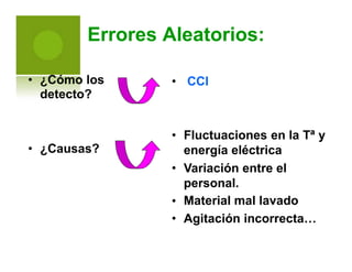 Errores Aleatorios:
• ¿Cómo los
detecto?
• CCI
• Fluctuaciones en la Tª y
• ¿Causas? energía eléctrica
Variación entre el
personal.
Material mal lavado
Agitación incorrecta…
•
•
•
 