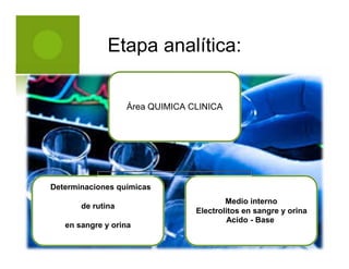 Etapa analítica:
Área QUIMICA CLINICA
Determinaciones químicas
Medio interno
de rutina
Electrolitos en sangre y orina
Acido - Base
en sangre y orina
 