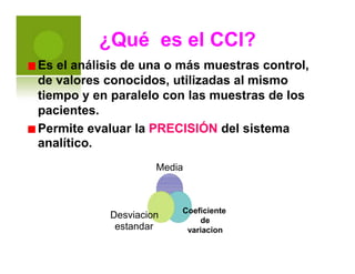 ¿Qué es el CCI?
Es el análisis de una o más muestras control,
de valores conocidos, utilizadas al mismo
tiempo y en paralelo con las muestras de los
pacientes.
Permite evaluar
analítico.
la PRECISIÓN del sistema
Media
Coeficiente
de
variacion
Desviacion
estandar
 