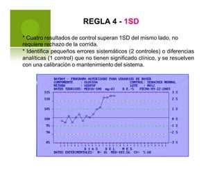 REGLA 4 - 1SD
* Cuatro resultados de control superan 1SD del mismo lado, no
requiere rechazo de la corrida.
* Identifica pequeños errores sistemáticos (2 controles) o diferencias
analíticas (1 control) que no tienen significado clínico, y se resuelven
con una calibración o mantenimiento del sistema.
 