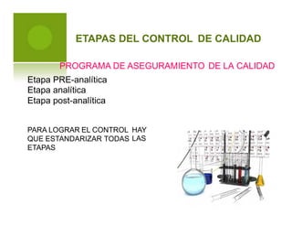 ETAPAS DEL CONTROL DE CALIDAD
PROGRAMA DE ASEGURAMIENTO DE LA CALIDAD
Etapa
Etapa
Etapa
PRE-analítica
analítica
post-analítica
PARA LOGRAR EL CONTROL
QUE ESTANDARIZAR TODAS
ETAPAS
HAY
LAS
 