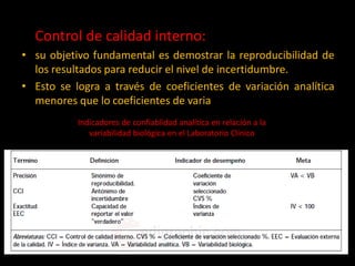 Control de calidad interno:
• su objetivo fundamental es demostrar la reproducibilidad de
los resultados para reducir el nivel de incertidumbre.
• Esto se logra a través de coeficientes de variación analítica
menores que lo coeficientes de variación biológica.
Indicadores de confiablidad analítica en relación a la
variabilidad biológica en el Laboratorio Clínico

 