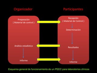 Organizador
Preparación
( Material de control )

Participantes
Recepción
( Material de Control )

Determinación

Análisis estadístico

Informe

Resultados

Informe

Esquema general de funcionamiento de un PEEC para laboratorios clínicos

 