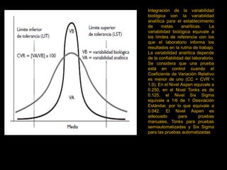 Integración de la variabilidad
biológica con la variabilidad
analítica para el establecimiento
de
metas
analíticas.
La
variabilidad biológica equivale a
los límites de referencia con los
que el laboratorio informa los
resultados en la rutina de trabajo.
La variabilidad analítica depende
de la confiabilidad del laboratorio.
Se considera que una prueba
está en control cuando el
Coeficiente de Variación Relativo
es menor de uno (CC = CVR <
1.0). En el Nivel Aspen equivale a
0.250, en el Nivel Tonks es de
0.125, el Nivel Six Sigma
equivale a 1/6 de 1 Desviación
Estándar, por lo que equivale a
0.042. El Nivel Aspen es
adecuado
para
pruebas
manuales, Tonks para pruebas
semiautomatizadas y Six Sigma
para las pruebas automatizadas

 