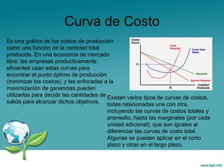 Curva de Costo
Es una gráfica de los costos de producción
como una función de la cantidad total
producida. En una economía de mercado
libre, las empresas productivamente
eficientes usan estas curvas para
encontrar el punto óptimo de producción
(minimizar los costos), y las enfocadas a la
maximización de ganancias pueden
utilizarlas para decidir las cantidades de
salida para alcanzar dichos objetivos.
Existen varios tipos de curvas de costos,
todas relacionadas una con otra,
incluyendo las curvas de costos totales y
promedio, hasta las marginales (por cada
unidad adicional), que son iguales al
diferenciar las curvas de costo total.
Algunas se pueden aplicar en el corto
plazo y otras en el largo plazo.
 