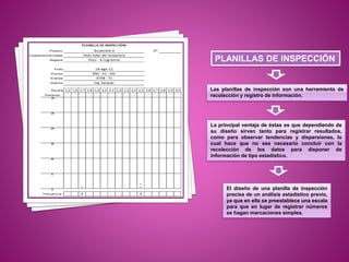 PLANILLAS DE INSPECCIÓN
Las planillas de inspección son una herramienta de
recolección y registro de información.
La principal ventaja de éstas es que dependiendo de
su diseño sirven tanto para registrar resultados,
como para observar tendencias y dispersiones, lo
cual hace que no sea necesario concluir con la
recolección de los datos para disponer de
información de tipo estadístico.
El diseño de una planilla de inspección
precisa de un análisis estadístico previo,
ya que en ella se preestablece una escala
para que en lugar de registrar números
se hagan marcaciones simples.
 