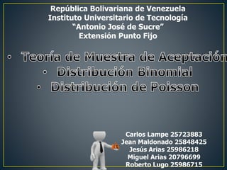 República Bolivariana de Venezuela
Instituto Universitario de Tecnología
“Antonio José de Sucre”
Extensión Punto Fijo
Carlos Lampe 25723883
Jean Maldonado 25848425
Jesús Arias 25986218
Miguel Arias 20796699
Roberto Lugo 25986715
 