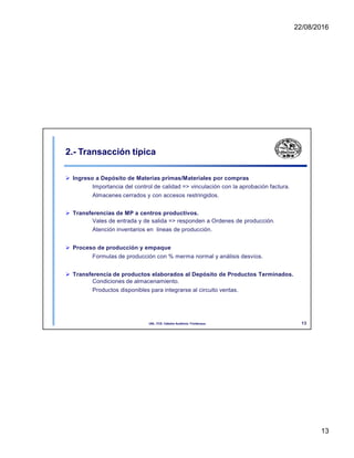22/08/2016
2.- Transacción típica
 Ingreso a Depósito de Materias primas/Materiales por compras
Importancia del control de calidad => vinculación con la aprobación factura.
Almacenes cerrados y con accesos restringidos.
 Transferencias de MP a centros productivos.
Vales de entrada y de salida => responden a Ordenes de producción.
Atención inventarios en lineas de producción.
 Proceso de producción y empaque
Formulas de producción con % merma normal y análisis desvíos.
 Transferencia de productos elaborados al Depósito de Productos Terminados.
Condiciones de almacenamiento.
Productos disponibles para integrarse al circuito ventas.
13
UNL. FCE. Cátedra Auditoria. Froidevaux.
13
 