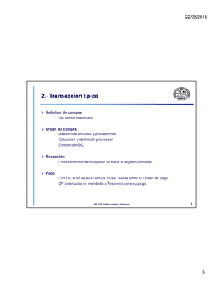 22/08/2016
2.- Transacción típica
 Solicitud de compra.
Del sector interesado.
 Orden de compra.
Maestro de artículos y proveedores.
Cotización y definición proveedor
Emisión de OC.
 Recepción
Contra Informe de recepción se hace el registro contable.
 Pago
Con OC + Inf recep+Factura => se puede emitir la Orden de pago
OP autorizada es mandada a Tesorería para su pago.
5
UNL. FCE. Cátedra Auditoria. Froidevaux.
5
 