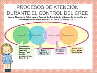 Valoración Diagnóstico Intervención Seguimiento
PROCESOS DE ATENCIÓN
DURANTE EL CONTROL DEL CRED
Norma Técnica de Salud para el Control de Crecimiento y Desarrollo de la niña y el
niño menores de cinco años RM N° 537-2017-MINSA - 2017
A través de las
Citas y Visitas
Domiciliarias
Consejería
(Kit del Buen
Crecimiento)
Estado
Nutricional y
del Desarrollo
• Antecedentes
• Evaluación del
Desarrollo
• Examen Físico
• Medidas
antropométricas
• Toma de Hb
 