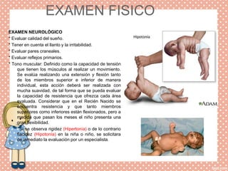 EXAMEN FISICO
EXAMEN NEUROLÓGICO
* Evaluar calidad del sueño.
* Tener en cuenta el llanto y la irritabilidad.
* Evaluar pares craneales.
* Evaluar reflejos primarios.
* Tono muscular: Definido como la capacidad de tensión
que tienen los músculos al realizar un movimiento.
Se evalúa realizando una extensión y flexión tanto
de los miembros superior e inferior de manera
individual, esta acción deberá ser realizada con
mucha suavidad, de tal forma que se pueda evaluar
la capacidad de resistencia que ofrezca cada área
evaluada. Considerar que en el Recién Nacido se
encuentra resistencia y que tanto miembros
superiores como inferiores están flexionados, pero a
medida que pasan los meses el niño presenta una
gran flexibilidad.
Si se observa rigidez (Hipertonía) o de lo contrario
flacidez (Hipotonía) en la niña o niño, se solicitara
de inmediato la evaluación por un especialista.
 