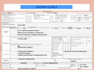 HISTORIA CLÍNICA
Control CRED
-- -
- 37.0 40 x´ 7.200 kg 65 cm 39 cm.
Piel y conjuntivas ligeramente pálidas.
Nódulos de bohn localizados en cavidad bucal
Lesiones eritematosas en pliegues cutáneos (axilas).
5° Control CRED X
X
LME
ESTIMULACIÓN TEMPRANA
-ESTIMULACION TEMPRANA CONTINUAR CON LME Y ESTIMULACIÓN
-LACTANCIA MATERNA
-TÉCNICA DE EXTRACCIÓN Y CONSERVACIÓN DE LM.
-TAMIZAJE DE HEMOGLOBINA
NINGUNO
20/04/2014 LIC. ELSA CISNEROS LEÓN
CEP. 47374
DNI: 41532430
MARCELO RODRIGUEZ, ANGÉLICA 798145
x
Mamá
x
x
20/03/14 10:10 am. 5 meses
 