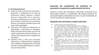 Evaluación del cumplimiento del calendario de
vacunación y esquema de suplementación de hierro
Evaluación del crecimiento y estado nutricional
Durante el control del crecimiento y desarrollo, el personal de la
salud deberá verificar el cumplimiento del Esquema Nacional de
Vacunación vigente y administrar la vacuna si es que corresponde, asi
como el esquema de suplementación,
 