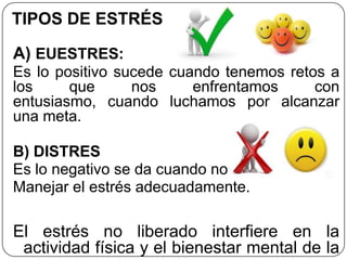 TIPOS DE ESTRÉS
A) EUESTRES:
Es lo positivo sucede cuando tenemos retos a
los que nos enfrentamos con
entusiasmo, cuando luchamos por alcanzar
una meta.
B) DISTRES
Es lo negativo se da cuando no se sabe
Manejar el estrés adecuadamente.
El estrés no liberado interfiere en la
actividad física y el bienestar mental de la
 