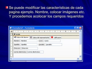 Se puede modificar las características de cada pagina ejemplo. Nombre, colocar imágenes etc. Y procedemos acolocar los campos requeridos 