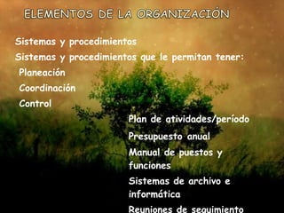 Sistemas y procedimientos Sistemas y procedimientos que le permitan tener: Planeación Coordinación Control   Plan de atividades/período   Presupuesto   anual Manual de puestos y  funciones   Sistemas de archivo e  informática   Reuniones de seguimiento 