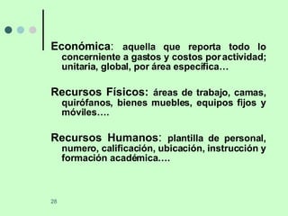 Económica :   aquella que reporta todo lo concerniente a gastos y costos por actividad; unitaria, global, por área específica… Recursos Físicos:   áreas de trabajo, camas, quirófanos, bienes muebles, equipos fijos y móviles…. Recursos Humanos :  plantilla de personal, numero, calificación, ubicación, instrucción y formación académica…. 