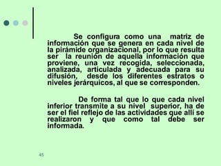 Se configura como una  matriz de información que se genera en cada nivel de la pirámide organizacional, por lo que resulta ser  la reunión de aquella información que proviene, una vez recogida, seleccionada, analizada, articulada y adecuada para su difusión,  desde los diferentes estratos o niveles jerárquicos, al que se corresponden. De forma tal que lo que cada nivel inferior transmite a su nivel  superior, ha de ser el fiel reflejo de las actividades que allí se realizaron y que como tal debe ser informada. 