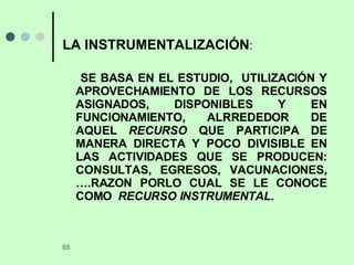 LA INSTRUMENTALIZACIÓN : SE BASA EN EL ESTUDIO,  UTILIZACIÓN Y APROVECHAMIENTO DE LOS RECURSOS ASIGNADOS, DISPONIBLES Y EN FUNCIONAMIENTO, ALRREDEDOR DE AQUEL  RECURSO  QUE PARTICIPA DE MANERA DIRECTA Y POCO DIVISIBLE EN LAS ACTIVIDADES QUE SE PRODUCEN: CONSULTAS, EGRESOS, VACUNACIONES, ….RAZON PORLO CUAL SE LE CONOCE COMO  RECURSO INSTRUMENTAL.  