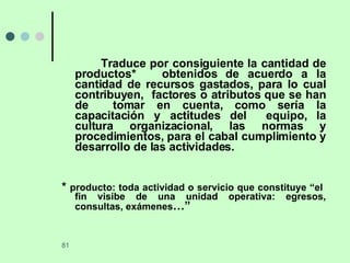 Traduce por consiguiente la cantidad de productos*  obtenidos de acuerdo a la cantidad de recursos gastados, para lo cual contribuyen,  factores o atributos que se han de  tomar en cuenta, como sería la capacitación y actitudes del  equipo, la cultura organizacional, las normas y procedimientos, para el cabal cumplimiento y desarrollo de las actividades. *  producto: toda actividad o servicio que constituye “el  fin visibe de una unidad operativa: egresos, consultas, exámenes …” 