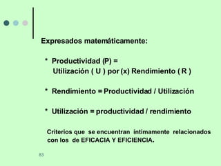 Expresados matemáticamente: *  Productividad (P) =  Utilización ( U ) por (x) Rendimiento ( R )  *  Rendimiento = Productividad / Utilización *  Utilización = productividad / rendimiento Criterios que  se encuentran  íntimamente  relacionados con los  de EFICACIA Y EFICIENCIA . 