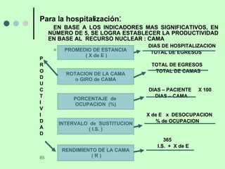 Para la hospitalización : EN BASE A LOS INDICADORES MAS SIGNIFICATIVOS, EN NÚMERO DE 5, SE LOGRA ESTABLECER LA PRODUCTIVIDAD EN BASE AL  RECURSO NUCLEAR : CAMA  DIAS DE HOSPITALIZACION TOTAL DE EGRESOS P R  TOTAL DE EGRESOS O  TOTAL DE CAMAS D U  C  DIAS – PACIENTE  X 100 T  DIAS – CAMA  I V I  X de E  x  DESOCUPACION D  % de OCUPACION A D 365 I.S.  +  X de E PROMEDIO DE ESTANCIA ( X de E ) ROTACION DE LA CAMA o GIRO de CAMA PORCENTAJE  de  OCUPACION  (%) INTERVALO  de  SUSTITUCION ( I.S. ) RENDIMIENTO DE LA CAMA ( R ) 