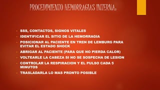 PROCEDIMIENTO HEMORRAGIAS INTERNA:
• SSS, CONTACTOS, SIGNOS VITALES
• IDENTIFICAR EL SITIO DE LA HEMORRAGIA
• POSICIONAR AL PACIENTE EN TREN DE LEMBURG PARA
EVITAR EL ESTADO SHOCK
• ABRIGAR AL PACIENTE (PARA QUE NO PIERDA CALOR)
• VOLTEARLE LA CABEZA SI NO SE SOSPECHA DE LESION
• CONTROLAR LA RESPIRACION Y EL PULSO CADA 5
MINUTOS
• TRASLADARLA LO MAS PRONTO POSIBLE
 