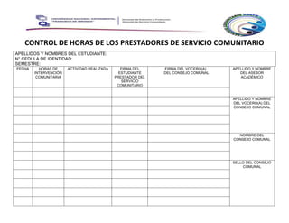 CONTROL DE HORAS DE LOS PRESTADORES DE SERVICIO COMUNITARIO
APELLIDOS Y NOMBRES DEL ESTUDIANTE:
N° CEDULA DE IDENTIDAD:
SEMESTRE:
FECHA HORAS DE
INTERVENCIÓN
COMUNITARIA
ACTIVIDAD REALIZADA FIRMA DEL
ESTUDIANTE
PRESTADOR DEL
SERVICIO
COMUNITARIO
FIRMA DEL VOCERO(A)
DEL CONSEJO COMUNAL
APELLIDO Y NOMBRE
DEL ASESOR
ACADÉMICO
APELLIDO Y NOMBRE
DEL VOCERO(A) DEL
CONSEJO COMUNAL
NOMBRE DEL
CONSEJO COMUNAL
SELLO DEL CONSEJO
COMUNAL
 