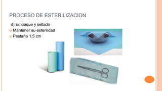 PROCESO DE ESTERILIZACION
d) Empaque y sellado
 Mantener su esterilidad
 Pestaña 1.5 cm
 