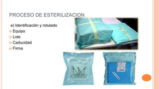 PROCESO DE ESTERILIZACION
e) Identificación y rotulado
 Equipo
 Lote
 Caducidad
 Firma
 