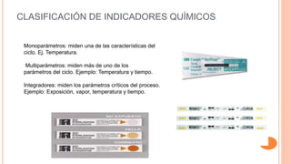 CLASIFICACIÓN DE INDICADORES QUÍMICOS
Monoparámetros: miden una de las características del
ciclo. Ej. Temperatura.
Multiparámetros: miden más de uno de los
parámetros del ciclo. Ejemplo: Temperatura y tiempo.
Integradores: miden los parámetros críticos del proceso.
Ejemplo: Exposición, vapor, temperatura y tiempo.
 