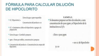 FÒRMULA PARA CALCULAR DILUCIÒN
DE HIPOCLORITO
EJEMPLO:
 