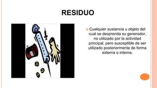  Cualquier sustancia u objeto del
cual se desprenda su generador,
no utilizado por la actividad
principal, pero susceptible de ser
utilizado posteriormente de forma
externa o interna.
RESIDUO
 