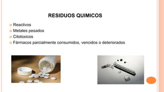RESIDUOS QUIMICOS
 Reactivos
 Metales pesados
 Citotoxicos
 Fármacos parcialmente consumidos, vencidos o deteriorados
 