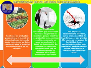 En el caso de productos
perecederos, el incurrir en
altos niveles de inventario
puede representar perdidas
cuantiosas para la empresa
por obsolescencia de los
mismos.

Algunas empresas
consideran que no deberían
mantener ningún tipo de
inventario porque mientras
los productos se encuentran
en almacenamiento no
generan rendimiento y
deben ser financiados. Sin
embargo, es necesario
mantener algún tipo de
inventario porque la
demanda no se puede
pronosticar con certeza.

Dos empresas
esencialmente idénticas,
con la misma cantidad de
inventario, pero con grandes
diferencias en los grados de
flexibilidad de sus
operaciones, pueden tener
inventarios desbalanceados,
debido básicamente a
controles ineficientes de
estos.

 