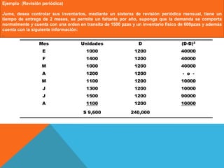 Ejemplo (Revisión periódica)
Jume, desea controlar sus inventarios, mediante un sistema de revisión periódica mensual, tiene un
tiempo de entrega de 2 meses, se permite un faltante por año, suponga que la demanda se comporta
normalmente y cuenta con una orden en transito de 1500 pzas y un inventario físico de 600pzas y además
cuenta con la siguiente información:
_

Mes

Unidades

D

(D-D)2

E

1000

1200

40000

F

1400

1200

40000

M

1000

1200

40000

A

1200

1200

- o -

M

1100

1200

10000

J

1300

1200

10000

J

1500

1200

90000

A

1100

1200

10000

S 9,600

240,000

 